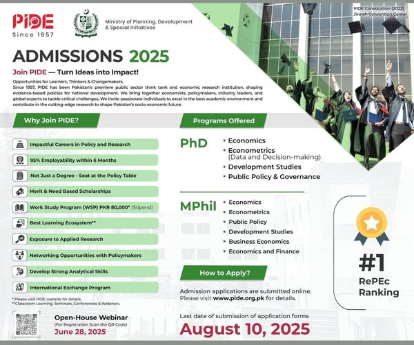 PIDE Islamabad Admission 2025 Online Apply Last Date