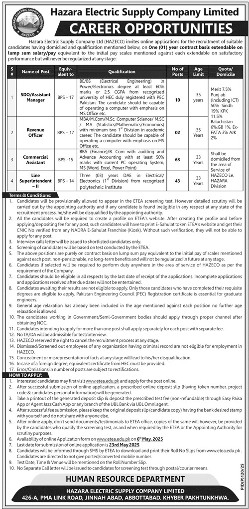 Hazara Electric Supply Company Jobs 2025 