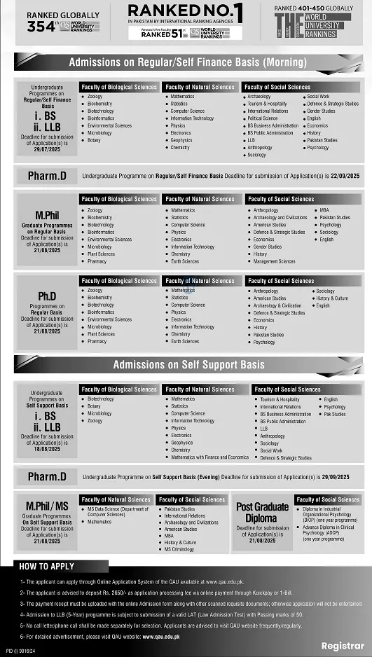 Quaid-i-Azam University Admissions 2025 Apply Online Last Date