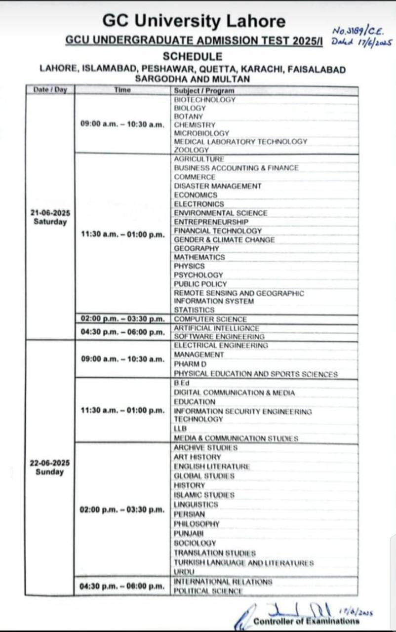 GCU Entry Test Result