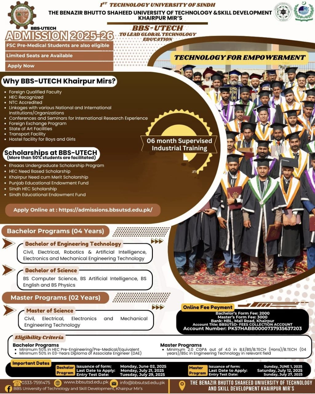 BBS UTECH Khairpur Mirs Admission 2025-26