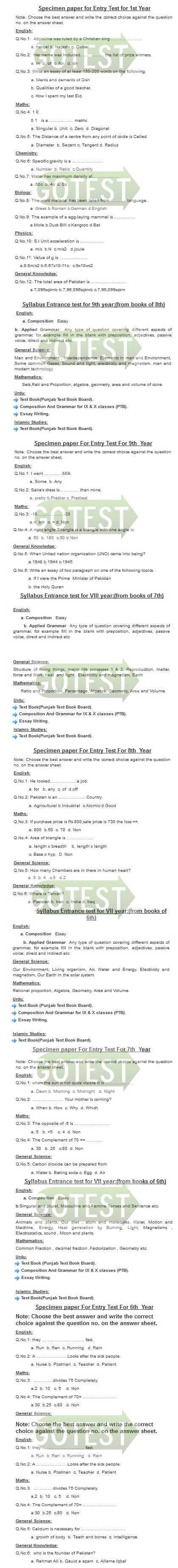 Cadet Colleges Entry Test Past Papers sample Model Syllabus Specimen Download for 6th 7th 8th 9th 11th Classes
