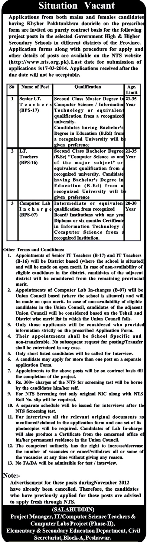 KPK Education Department NTS Test for IT Teachers 2024 Elementary and Secondary Schools