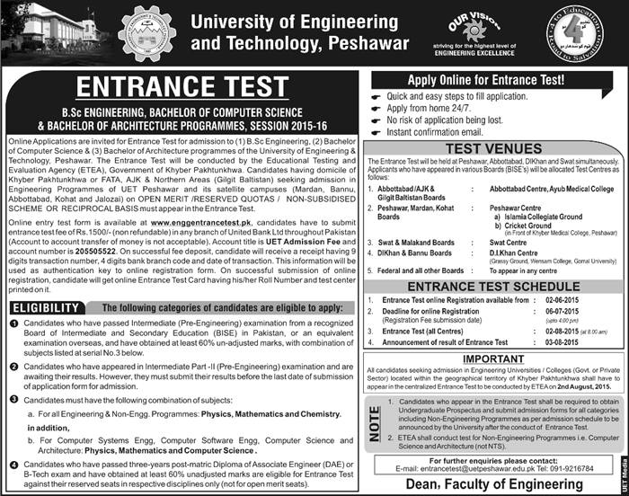 UET Admission BSC Engineering and Technology