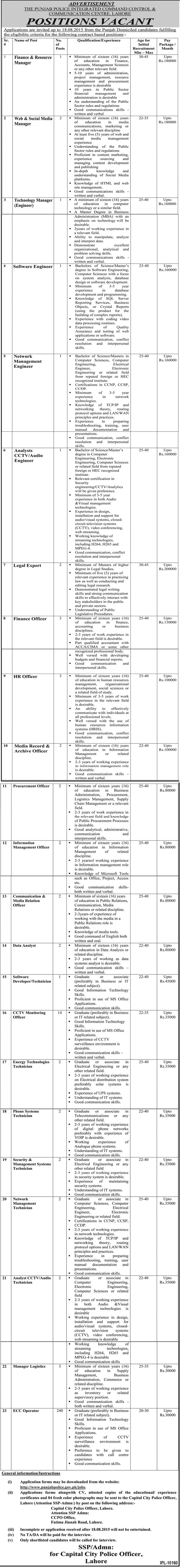 Punjab Police Integrated Command Centre Lahore Jobs 2023