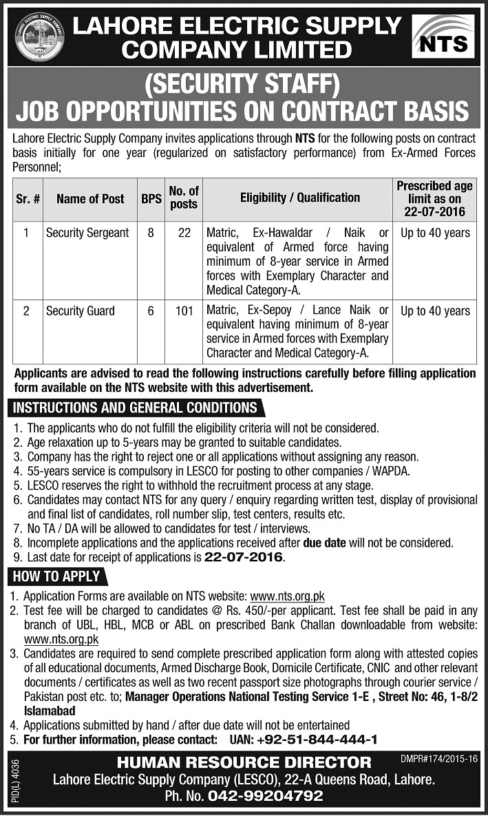 Lahore LESCO Security Staff / Guards Jobs 2024 NTS Test Preparation Online Application Form Submission Last Date