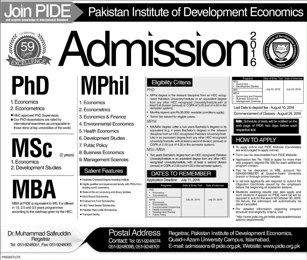 Pakistan Institute of Development Economics PIDE Islamabad Admission  2024 Form Online Registration Entry Test Dates