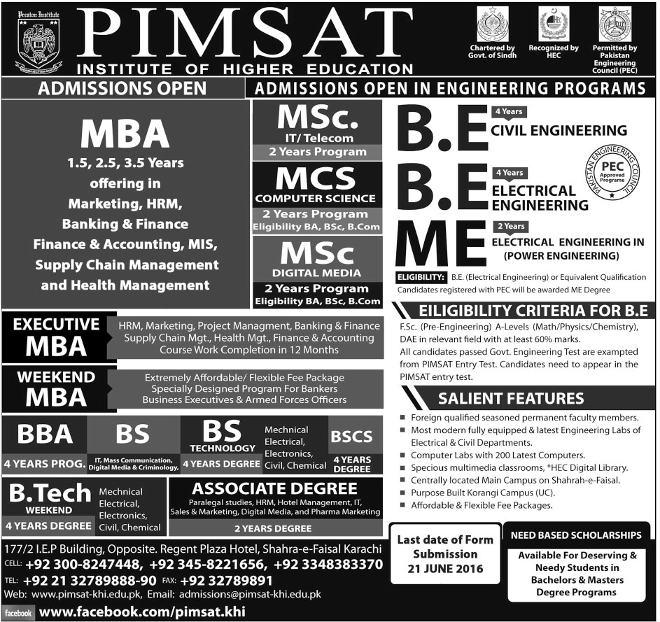 PIMSAT University Karachi Admission 2024 Registration Form Online Apply Last Date for BBA, MBA, BS, MSc, BTech