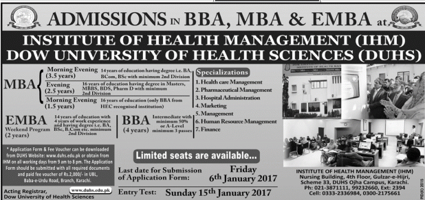 Admission in Institute of Health Management in BBA, MBA & EMBA Last Date