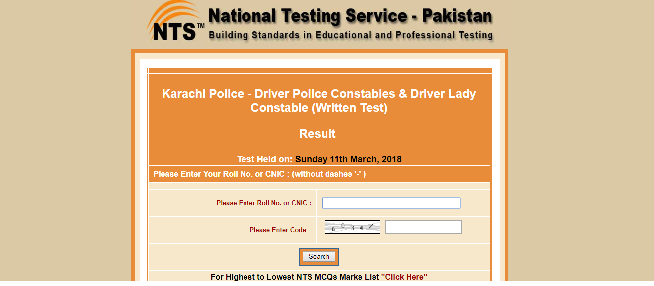 Karachi Police constable NTS result