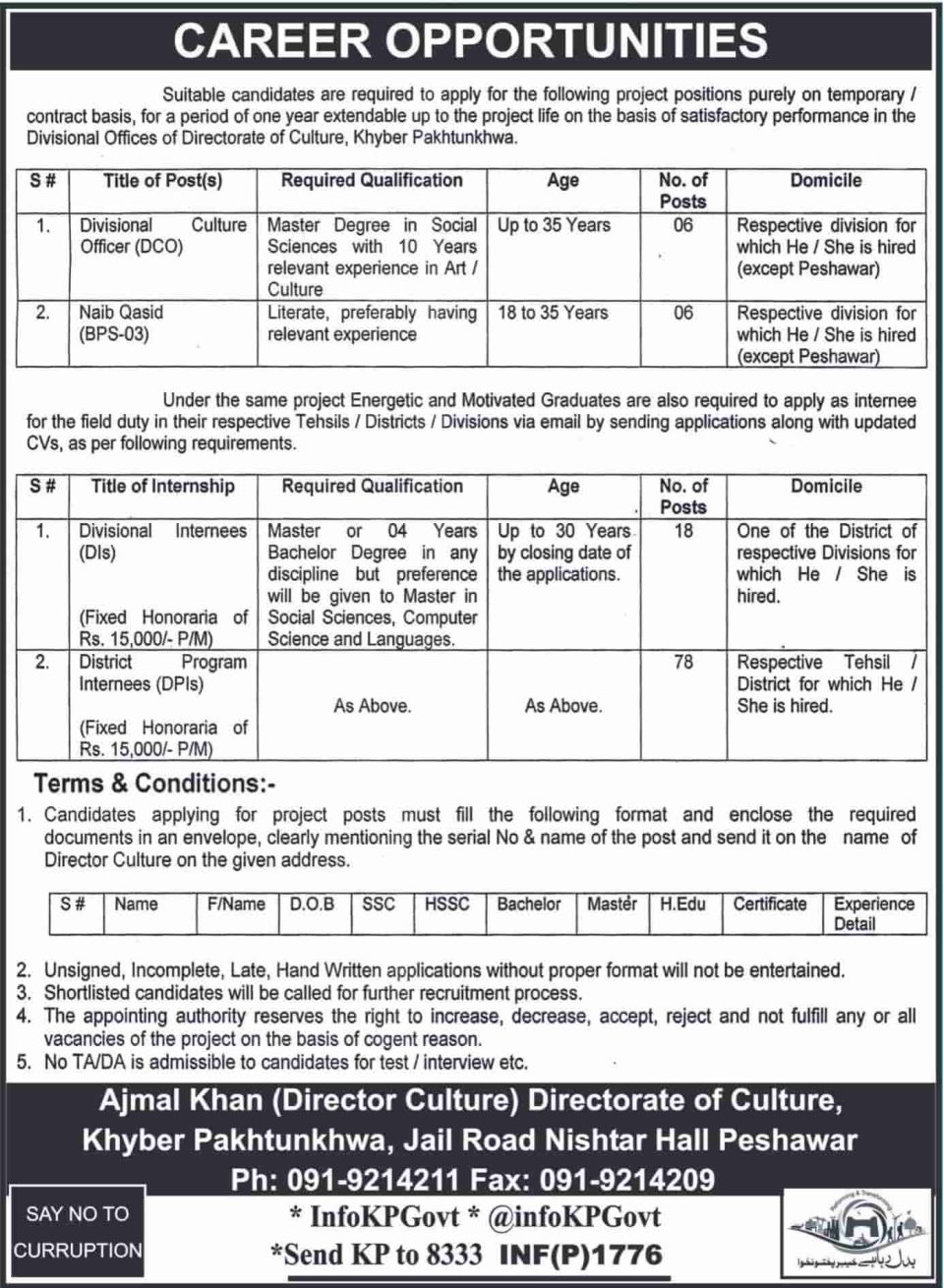 KPK Govt Internship 2024 Directorate of Culture Apply online