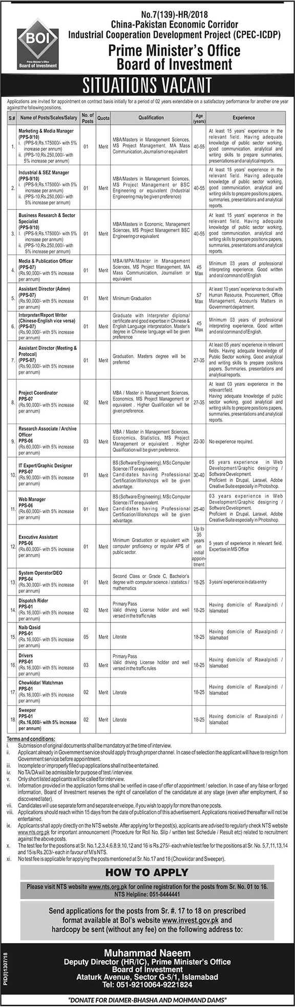 Board of Investment Pakistan NTS Jobs 2023 Online Application Form