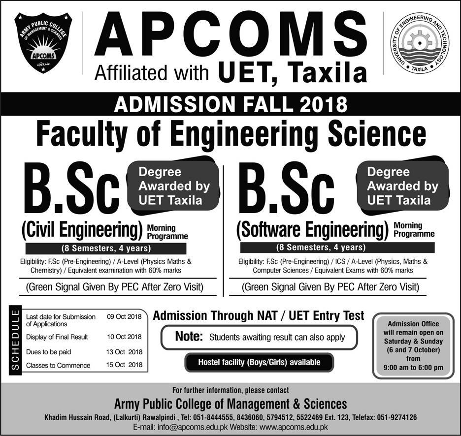 APCOMS BSc Civil Software Engineering Admission 2023-19 Apply Online