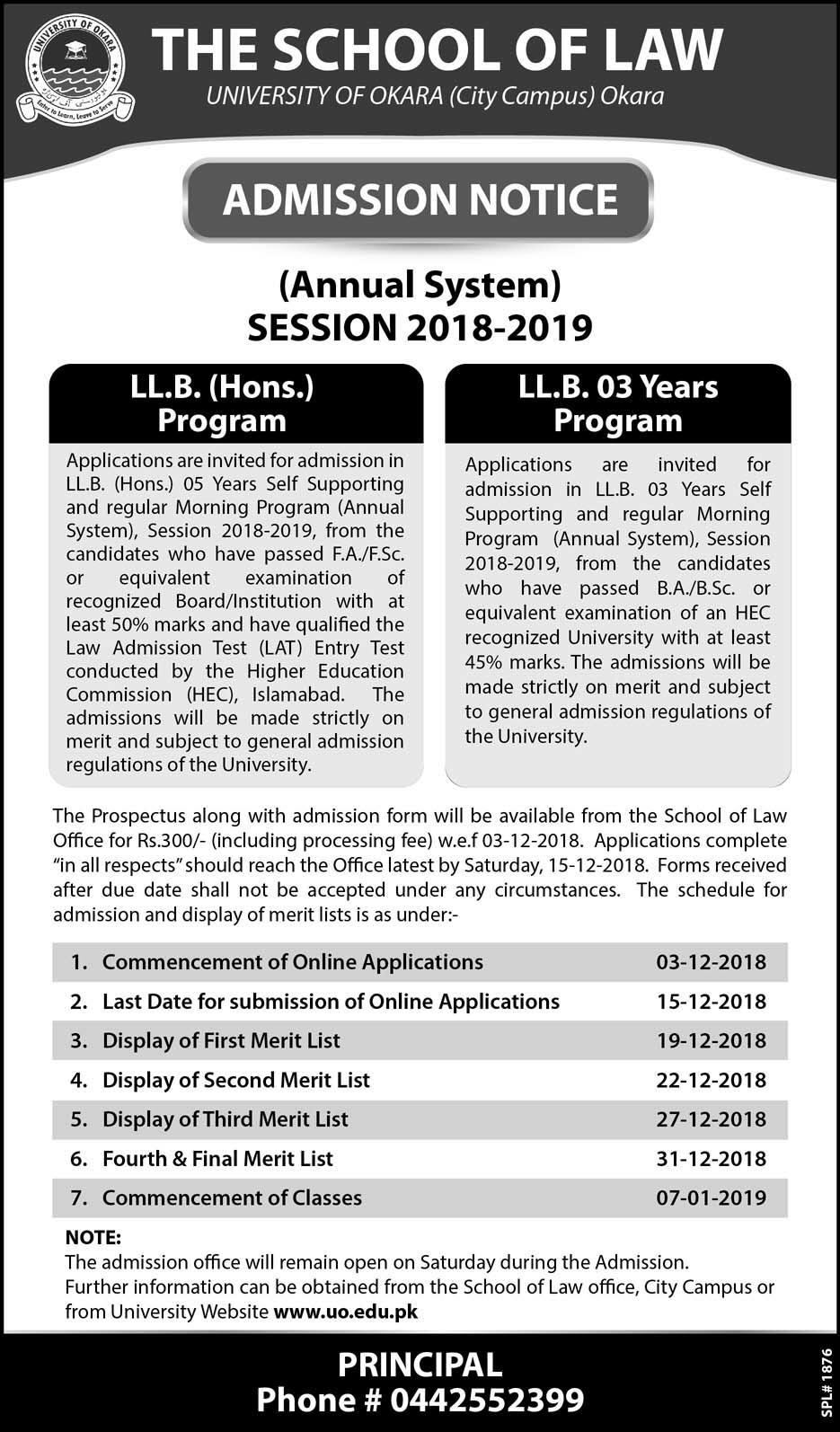 The School of Law University of Okara LLB Admission 2023