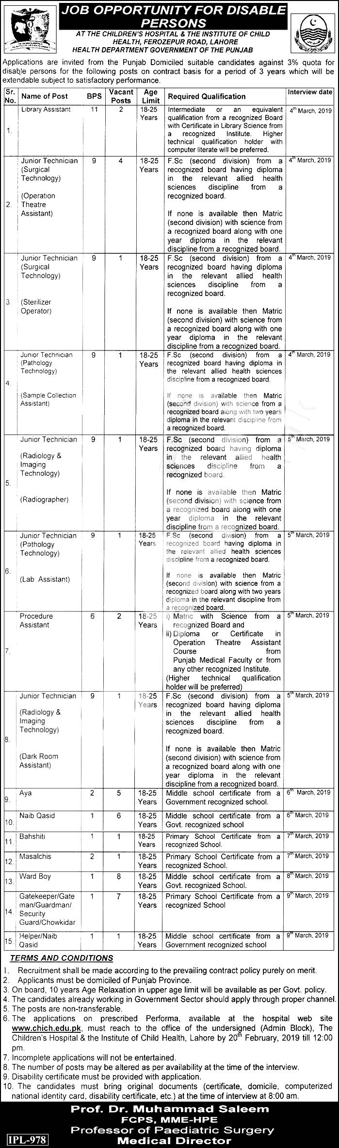 Institute of Child Health Children’s Hospital Lahore Jobs 2023 Application Form Submission Date