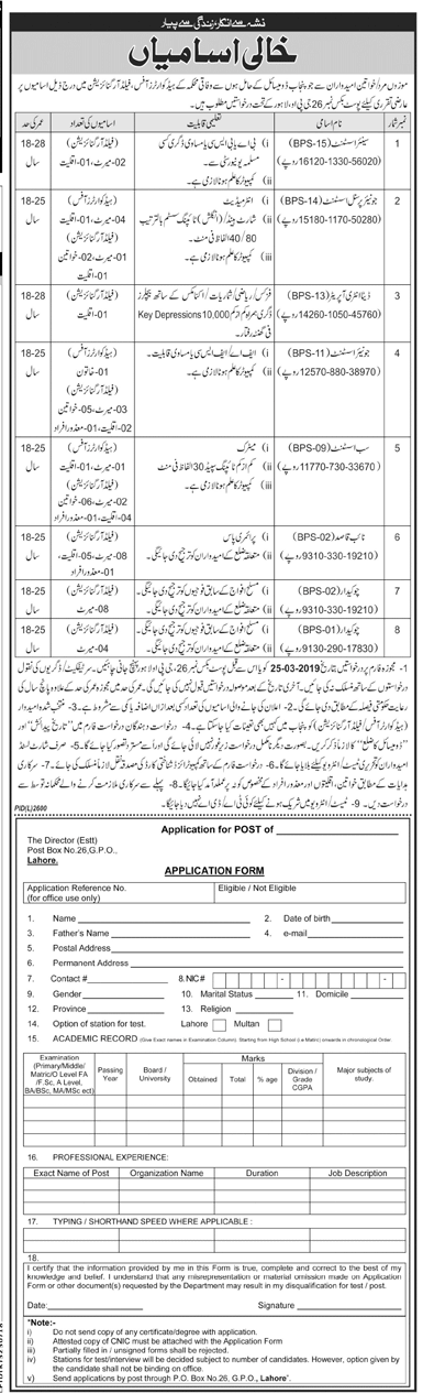 Federal Govt Organization Jobs 2024 Lahore GPO PO Box 26 Application Form Last Date