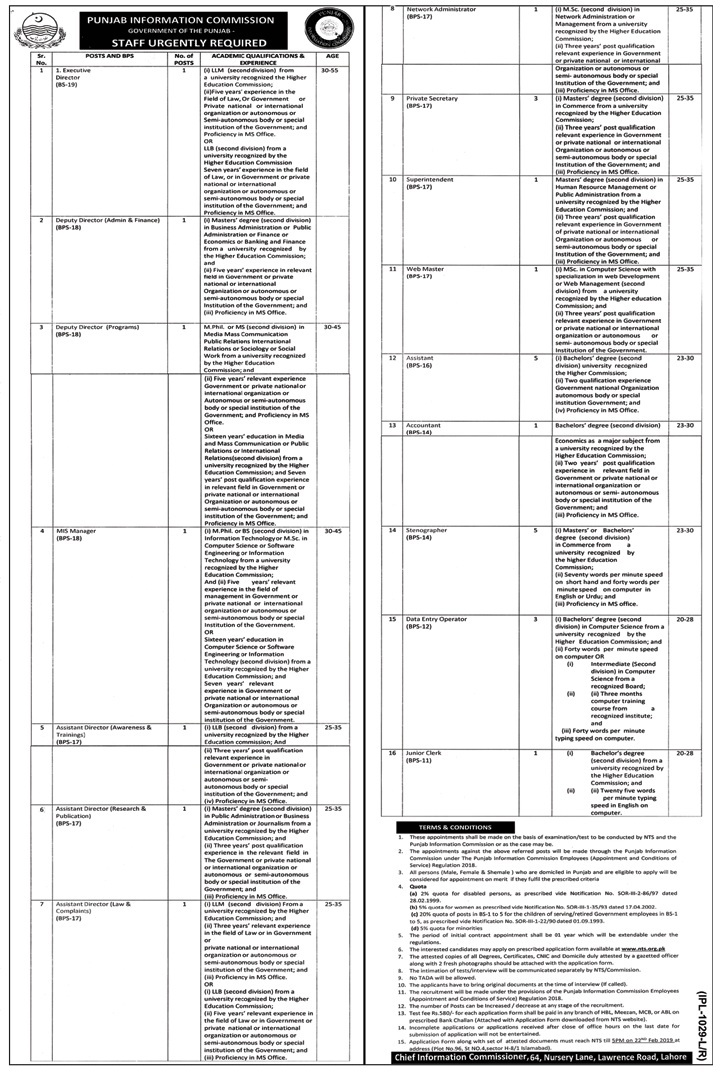 Punjab Information Commission Jobs 2024 NTS Test Application Form Roll Number Slips