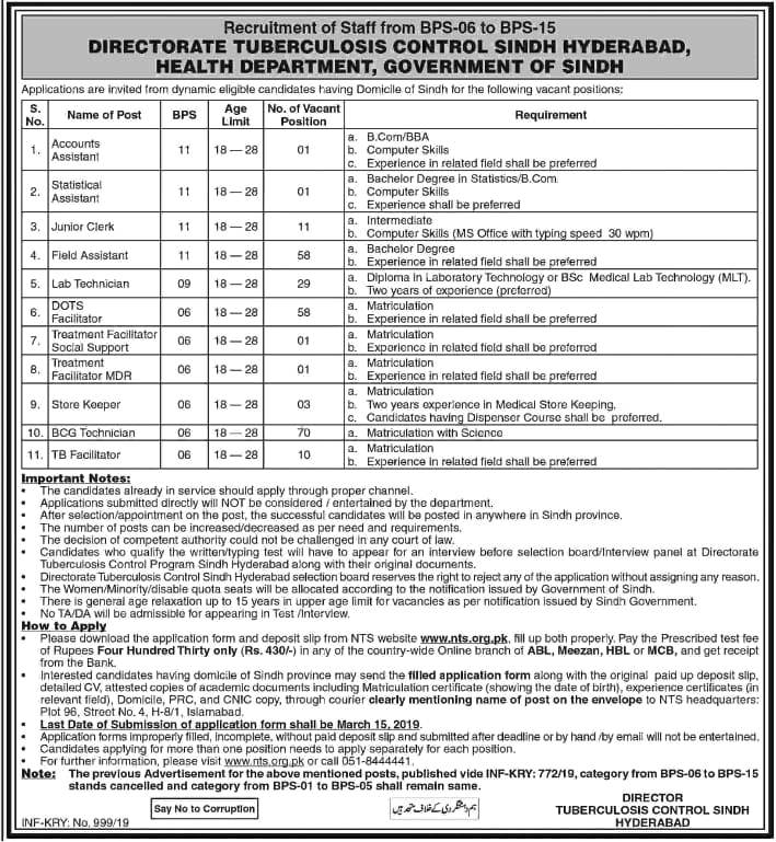 Govt of Sindh Directorate Tuberculosis Control Health Department Jobs 2023 NTS Application Form Roll Number Slips
