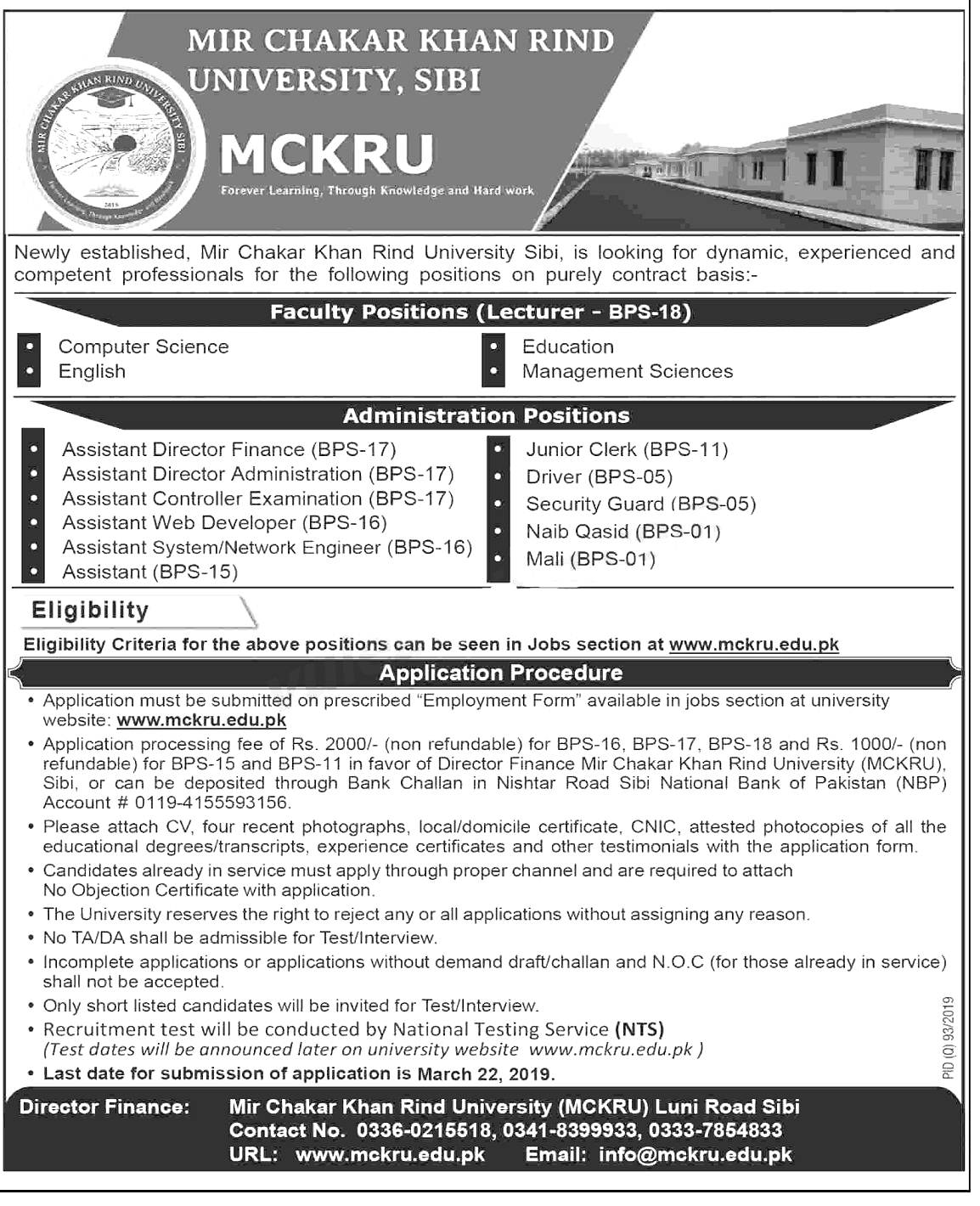 Sibbi MCKRU University Jobs 2024 NTS Test Application Form Last Date Candidates List