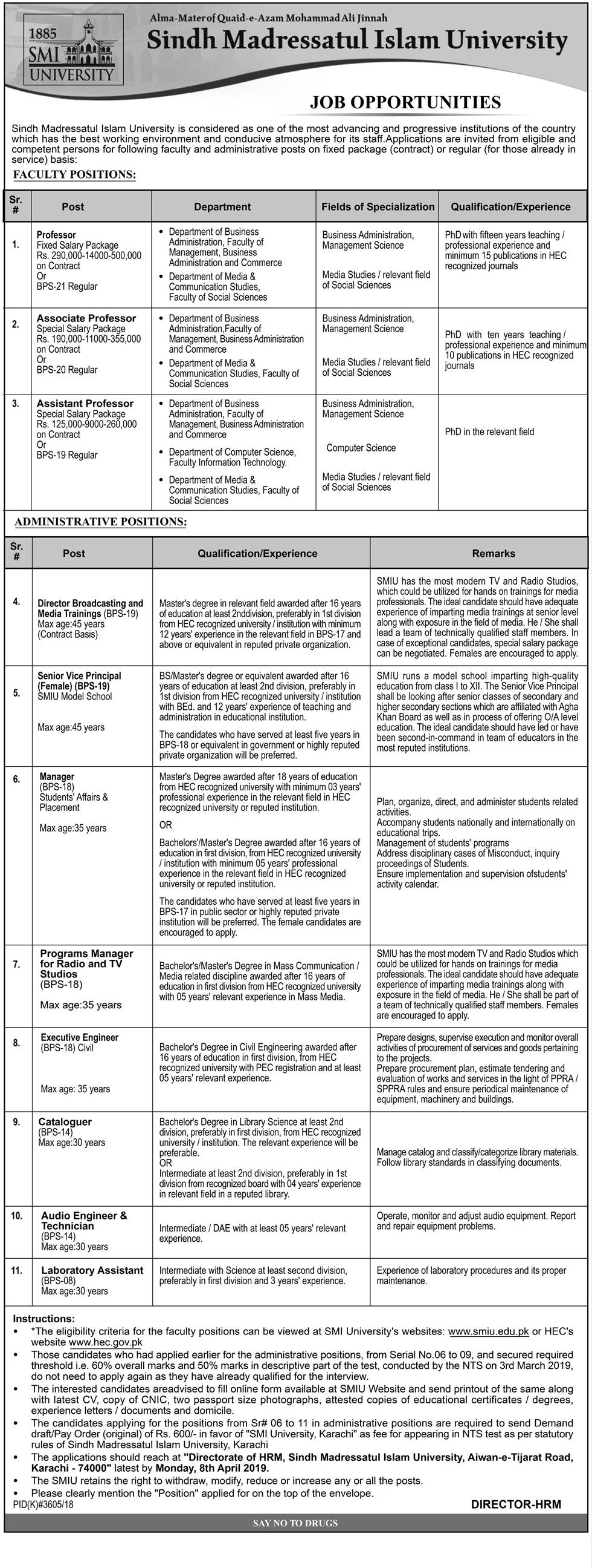 Sindh Madressatul Islam University Karachi Jobs 2023 NTS Application Form Eligibility Criteria