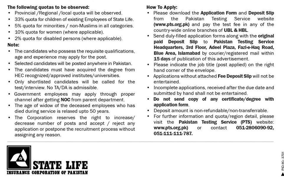 State Life Insurance Corporation of Pakistan Jobs 2023 PTS Application Form Download Eligibility Criteria