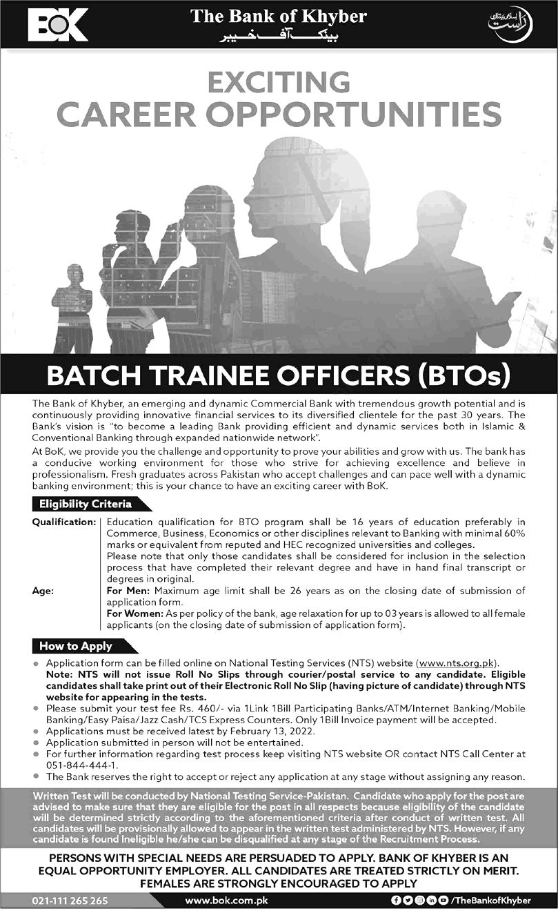 Bank Of Khyber BOK Batch Trainee Officer NTS Jobs 2023 Apply Online
