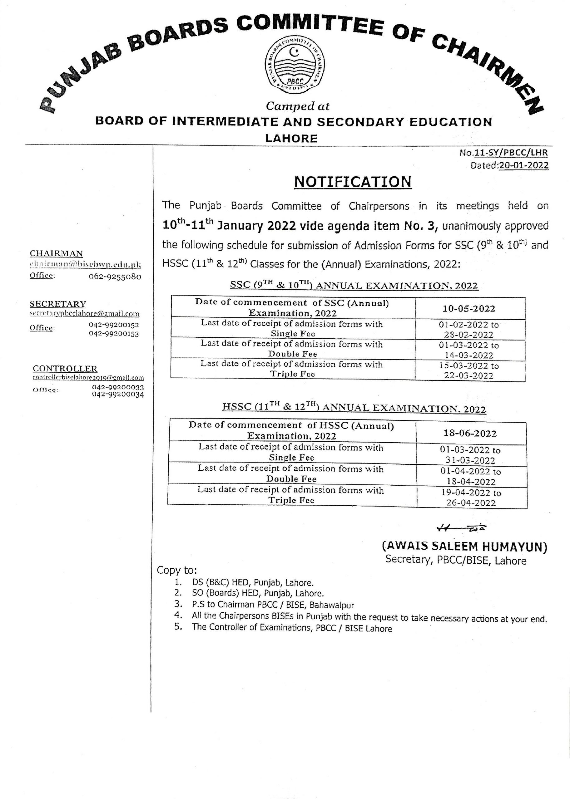 BISE Lahore Online 9th 10th Inter FA Fsc Admission Forms Fee 2023 Submission Dates Schedule