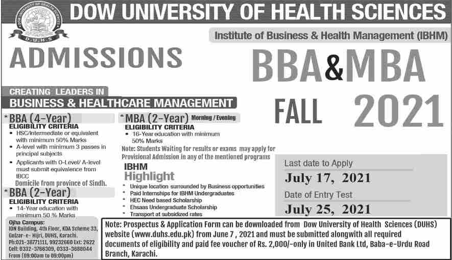 Admission in Institute of Health Management in BBA, MBA & EMBA