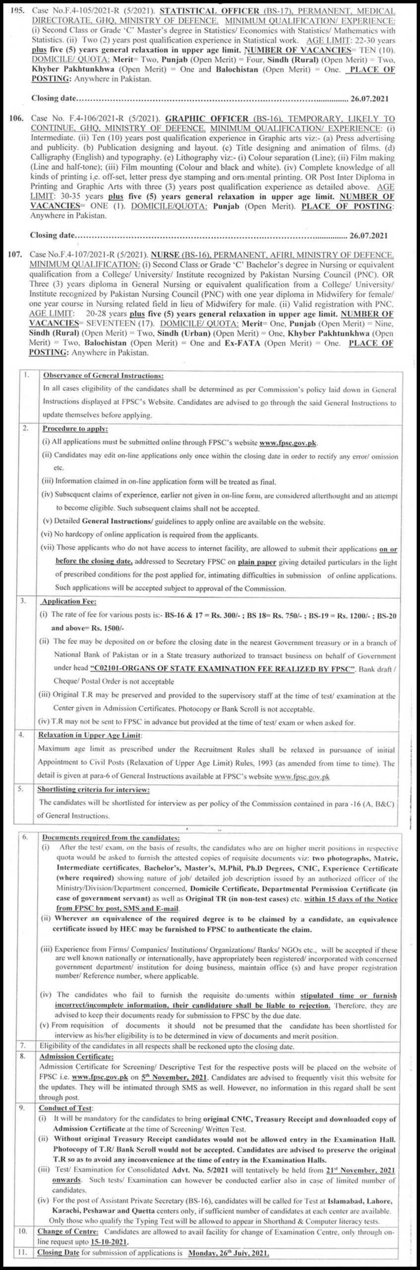GHQ Ministry of Defence FPSC Jobs 2023 Online Registration Schedule and Dates