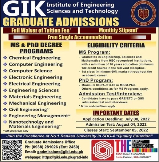 GIKI University Admission Date Entry Test Schedule Apply Online 2023