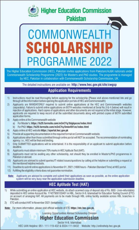 HEC Commonwealth Scholarships UK 2024 Application Form Eligibility