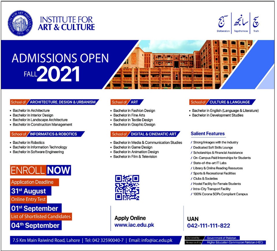 Institute for Art and Culture IAC Lahore Spring Admission 2024 Apply Online Test Date Candidate List