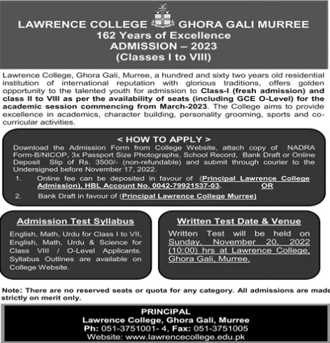 Lawrence College Ghora Gali Admission 2023 Online Registration