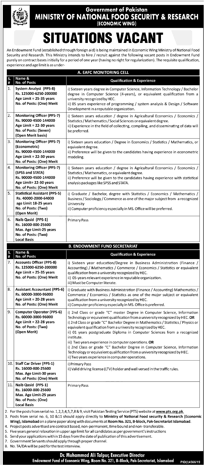 Ministry of National Food Security and Research PTS Jobs 2023 Apply Online 