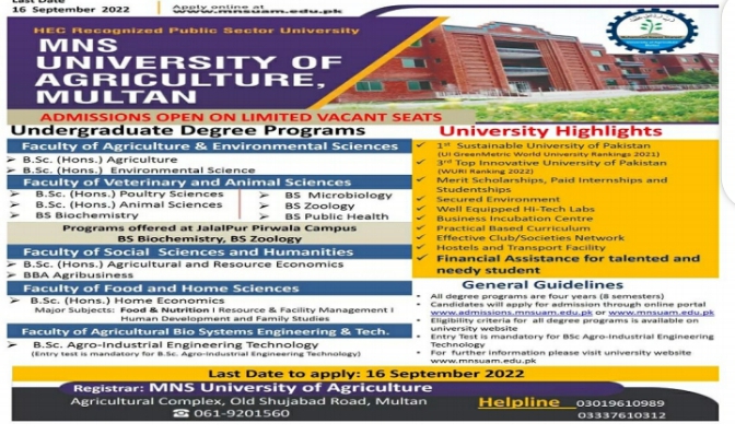 MNS University of Agriculture Multan Admissions 2023