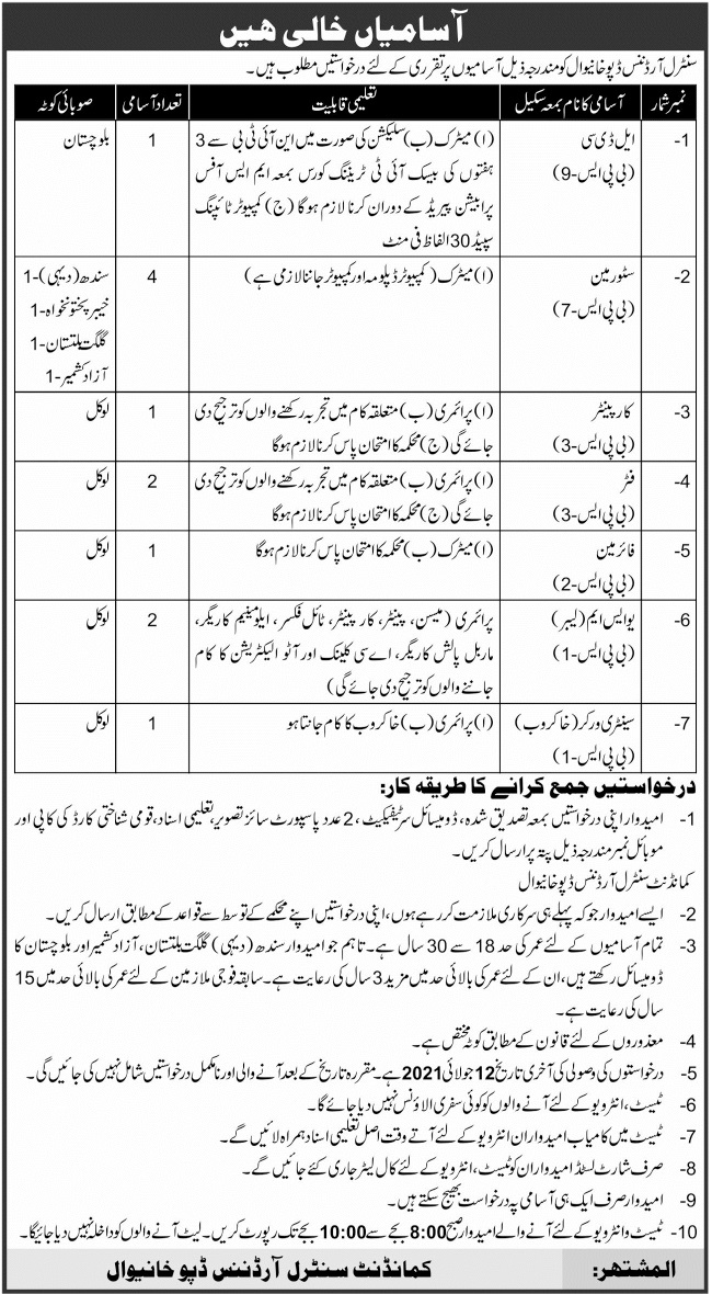 Pak Army Central Ordnance Depot COD Khanewal Jobs 2023 Registration Online