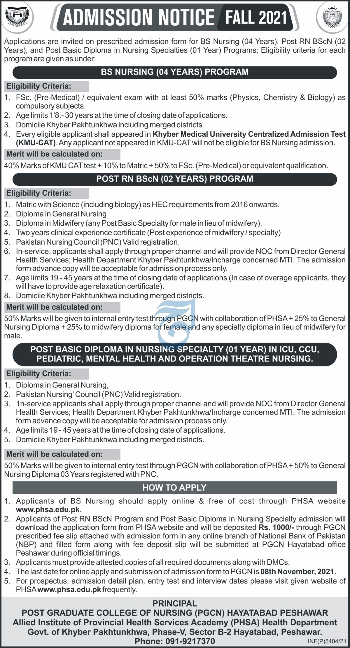 Peshawar Post Graduate College of Nursing Admission 2023 Eligibility Entry Test