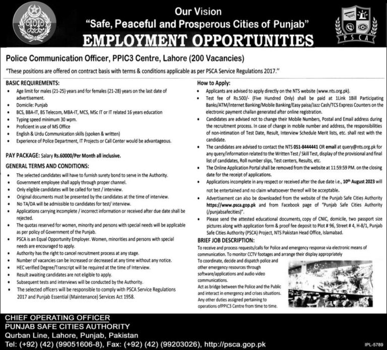 Punjab Police Punjab Safe Cities Authority PSCA NTS Jobs 2023 Advertisement