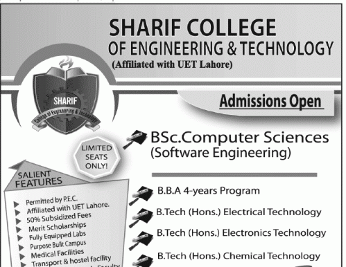 SCET Lahore Admission 2024 Sharif College of Engineering & Technology