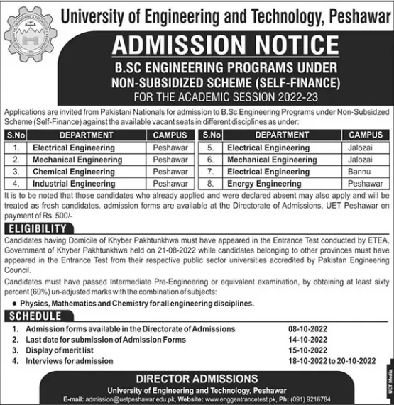 UET Peshawar Admissions Spring 2023 Application Form
