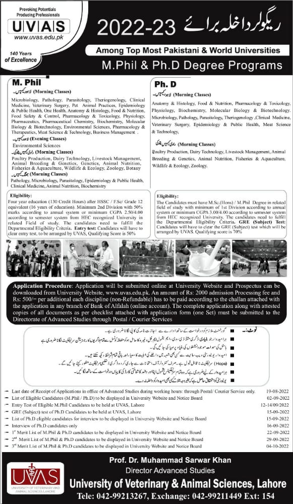 UVAS Lahore MPhil PhD Admission 2023 Apply Online