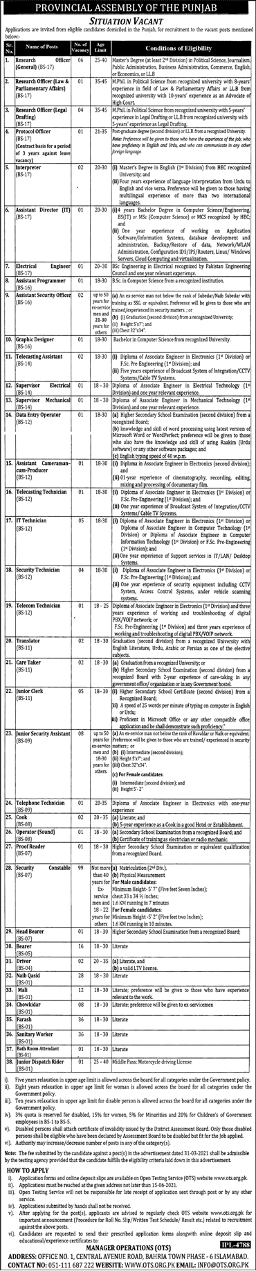 Punjab Provincial Assembly OTS Jobs 2023 Online Application Forms Roll No Slip