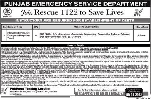 Punjab Rescue 1122 PTS Jobs 2023 Application Forms Roll No Slips