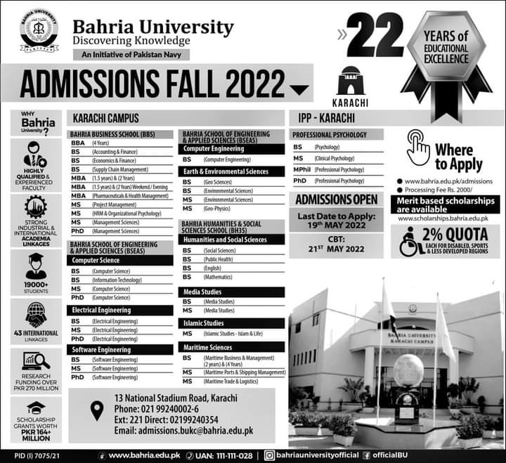 Bahria University Karachi BUK Admission 2024 Registration Last Dates Schedule
