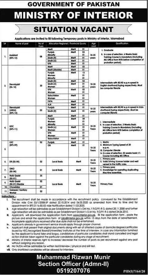 Ministry of Interior MOI Islamabad Jobs 2023 Apply Online Roll No Slip Merit List