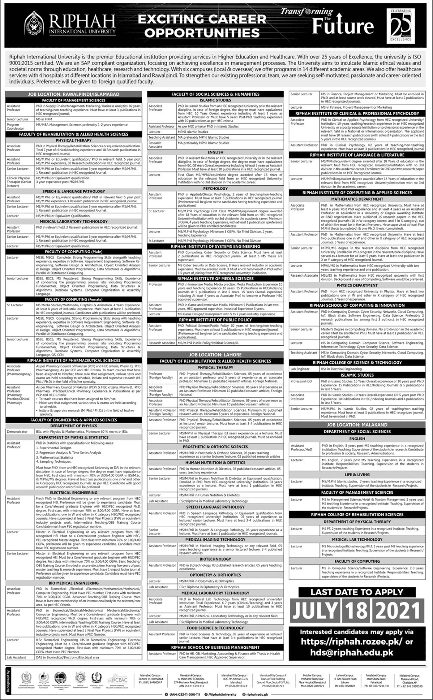 Riphah International University RIU Islamabad Jobs 2023 Apply Online