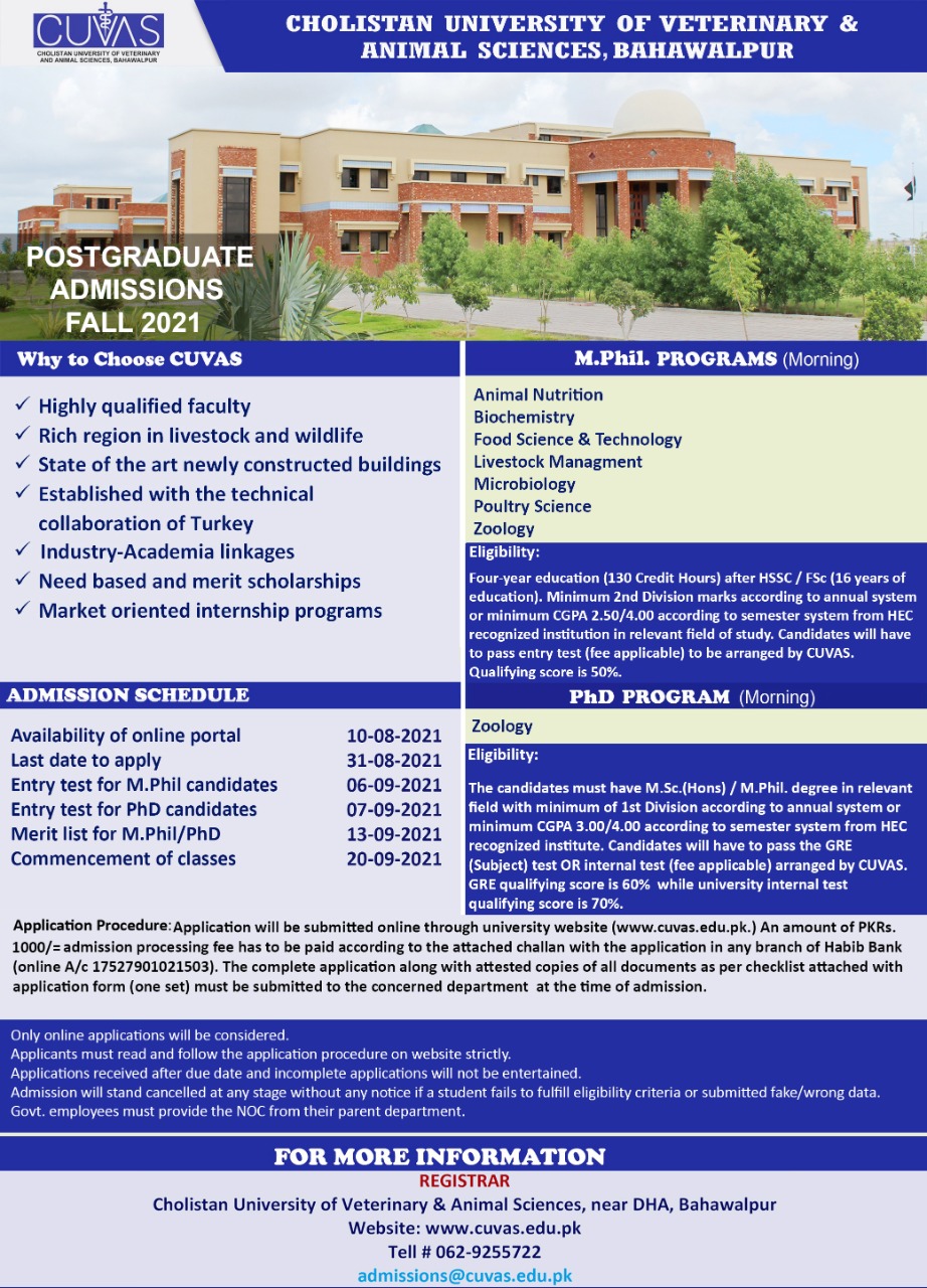 CUVAS Postgraduate admission 2023 Registration Online Entry Test Date Result