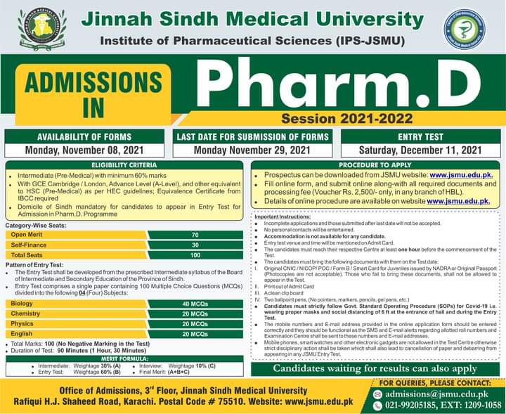 JSMU Pharm D Admission 2023 Registration Online Last Test Date