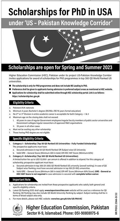 HEC PhD Scholarship 2023 For US Universities