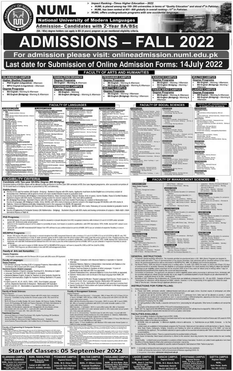 NUML Admissions 2023 Spring Apply Online Last Date